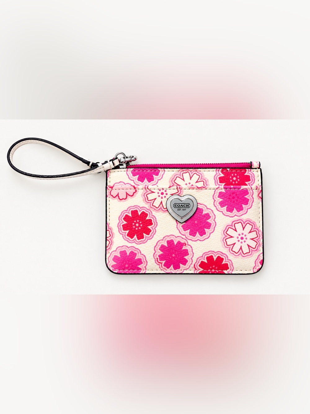 COACH Pink Floral Heart Logo Wristlet Card Case